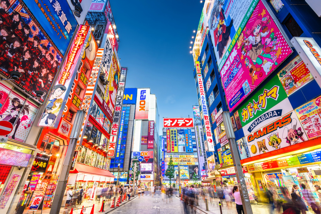 Cette image montre les bâtiments situés à Akihabara, l'une des meilleures activités à faire pendant un séjour au Japon.