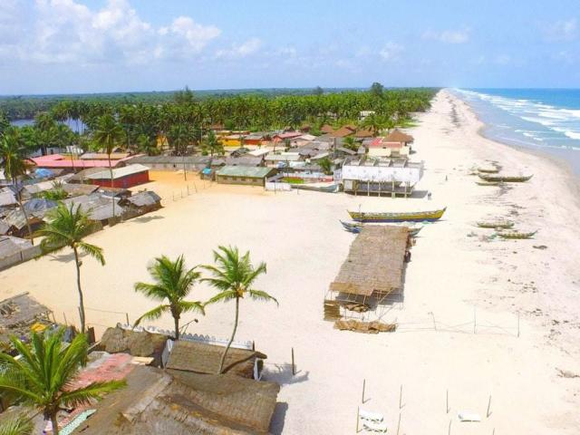 Vue aérienne d'une plage tropicale en Côte d’Ivoire avec des cocotiers et une mer turquoise.