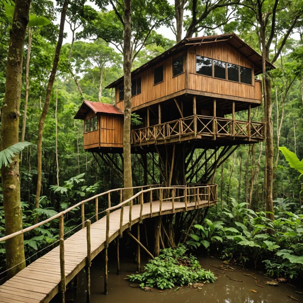 Cabane perchée en Amazonie.