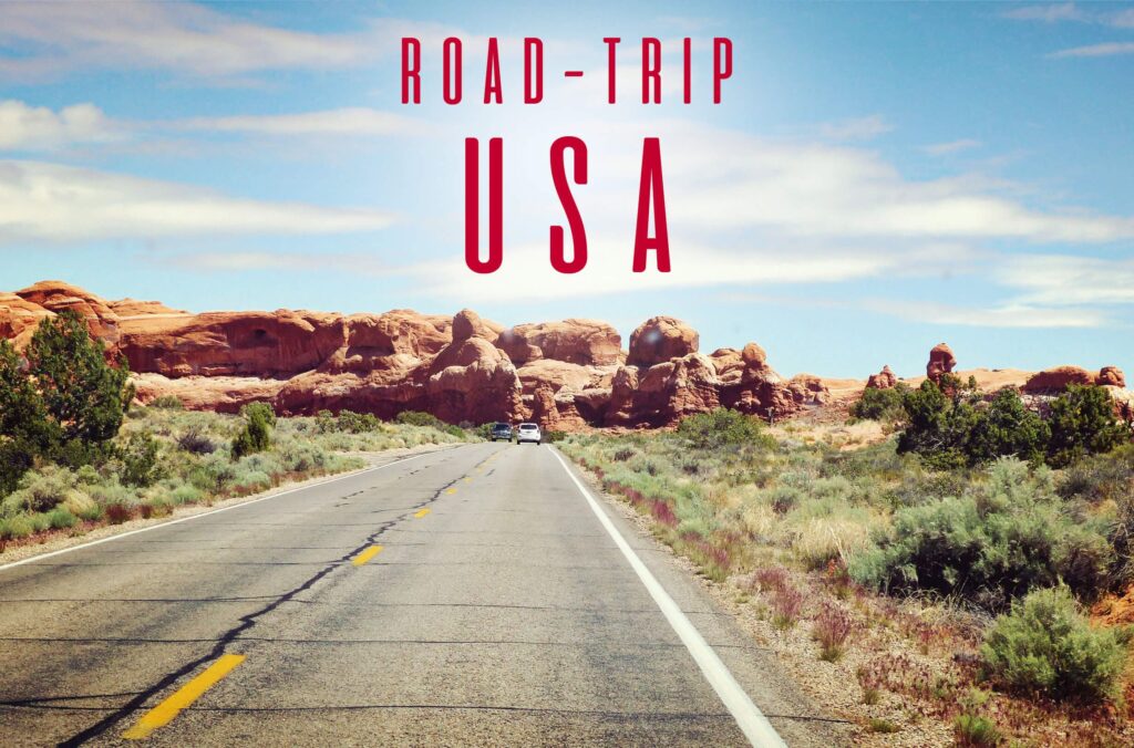 Images avec écrit "Road Trip USA"  ainsi que le désert du Nevada